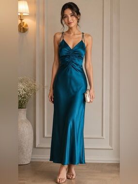 Jason Wu Teal Satin Open-Back Midi Dress | Size Small | Ruched Front Detail
